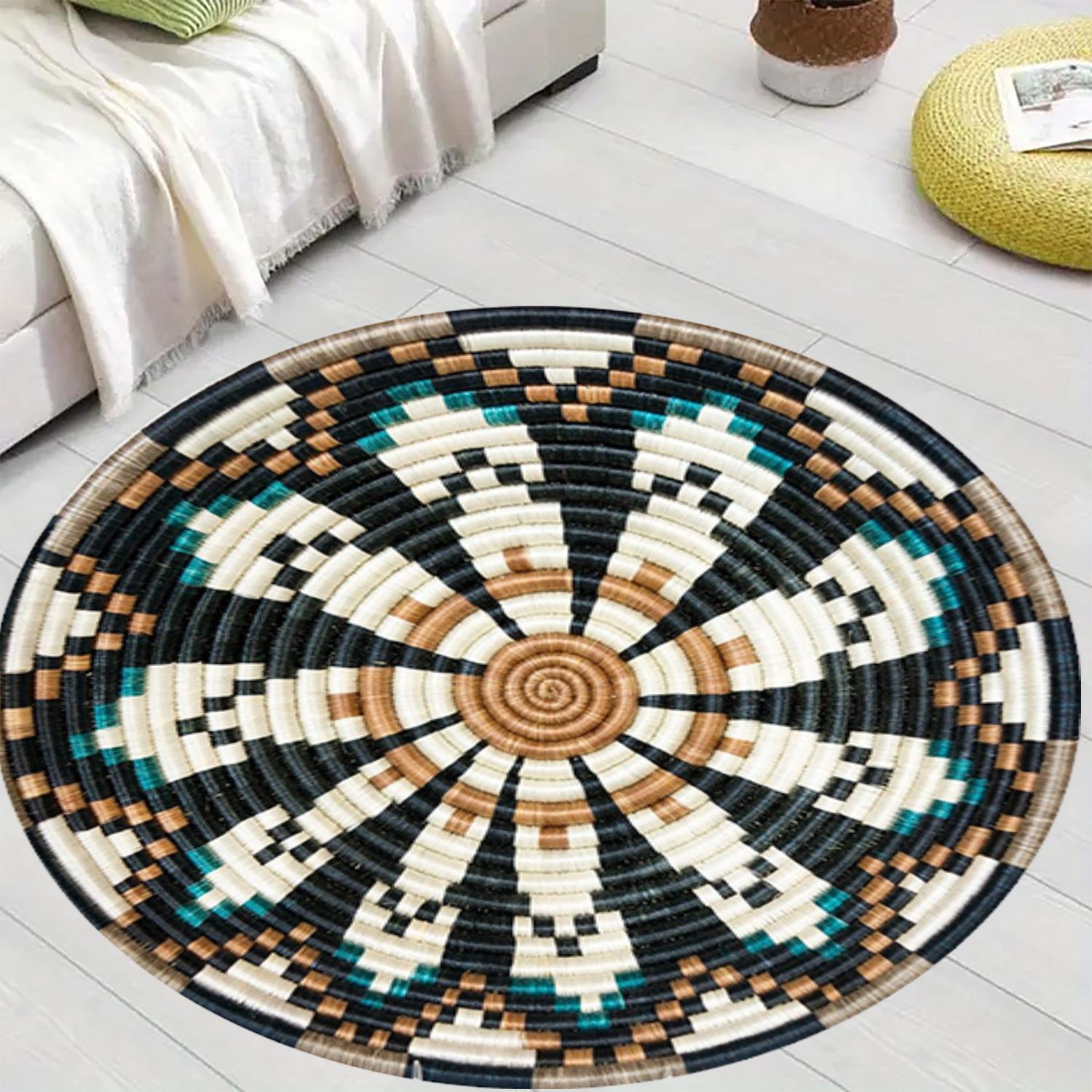 1piece of fashionable woven rope printed 2D plan circular pattern floor mat, suitable for bedroom bedside decoration, living room home decoration, balcony decoration, hotel decoration, entrance, kitchen, bathroom and other places, available in all seasons