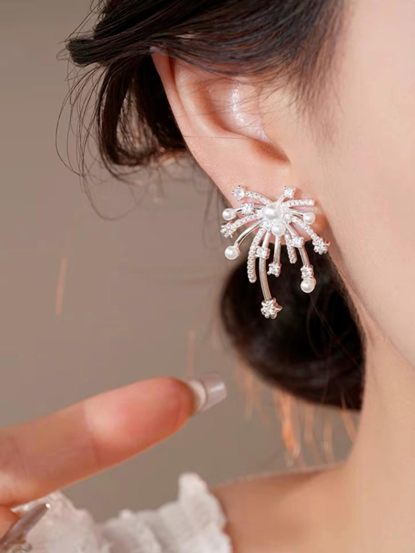 Silver Color Firework Pearl Earrings, Luxury Rhinestone Design, Dangle Style, Titanium Steel, Fashionable Women's Jewelry