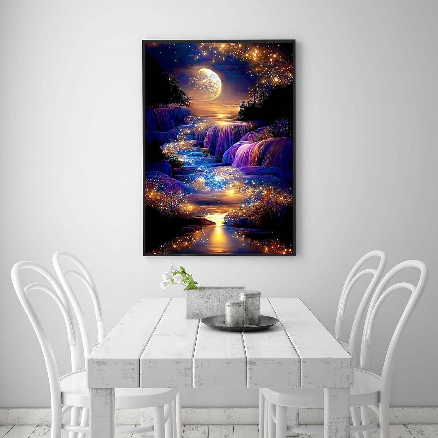 Adult 5D Diamond Painting Kit, Moonlight Waterfall DIY Full Round Drill Landscape, Home Wall Decor, 12x16 Inches, Includes Diamond Stickers