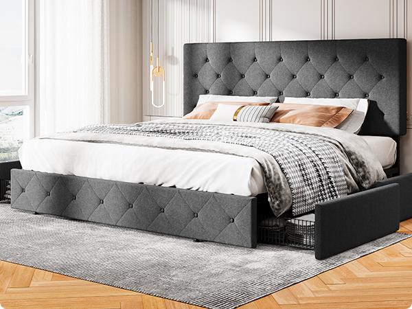 MUTICOR Storage Bed frame with 4 Drawers【Frame Only No Mattress】Upholstered Platform Bed with Button Tufted Adjustable Headboard,No Box Spring Needed，Full/King/Queen Bed Frame #TikTokShopBlackFriday #ChristmasGifts