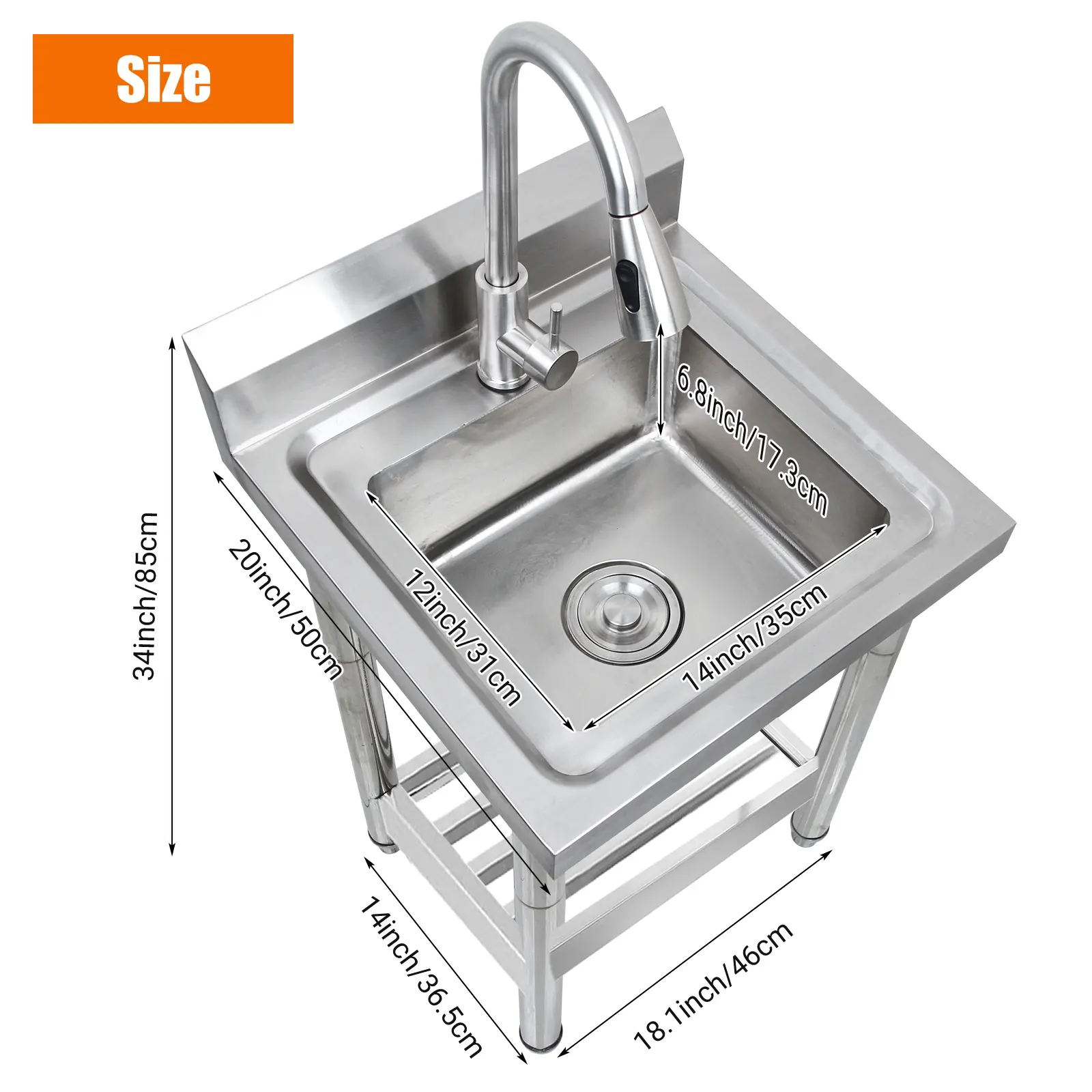 20 Inch Freestanding Stainless Steel Utility Sink, Single Bowl Commercial Kitchen Sink with Faucet, Hot & Cold Water Hoses and Drain Kit, Ideal for Garage, Laundry Room, Restaurant & Basement