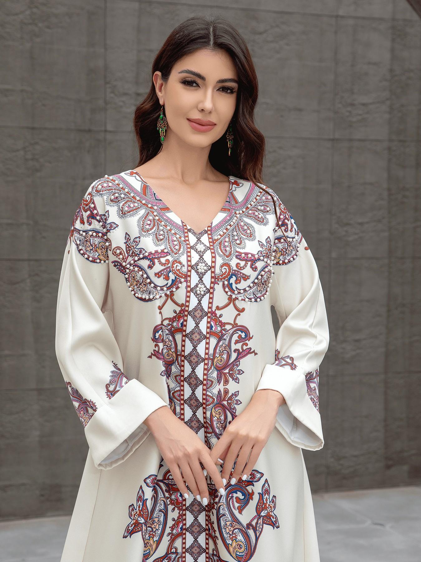 Muslim Women's Elegant Abaya Dress, Long Robe with Printing and Beads, Dubai Export Fashion, Stylish Muslim Clothing