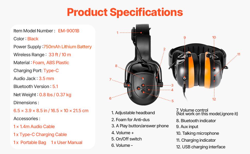 fathersdaygift VEVOR Safety Earmuffs, Electronic Ear Muffs with 5.1 Bluetooth Technology Ear Protector, Noise Reduction Headphone NRR23dB, Hearing Protection Earmuffs for Shooting, Manufacturing and Lawn Mowing