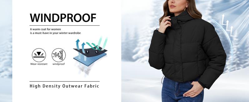 Yimoon Womens Winter Cropped Puffer Jacket Hooded Zip Up Short Warm Quilted Puffer Coat Outerwear Fabric Fits