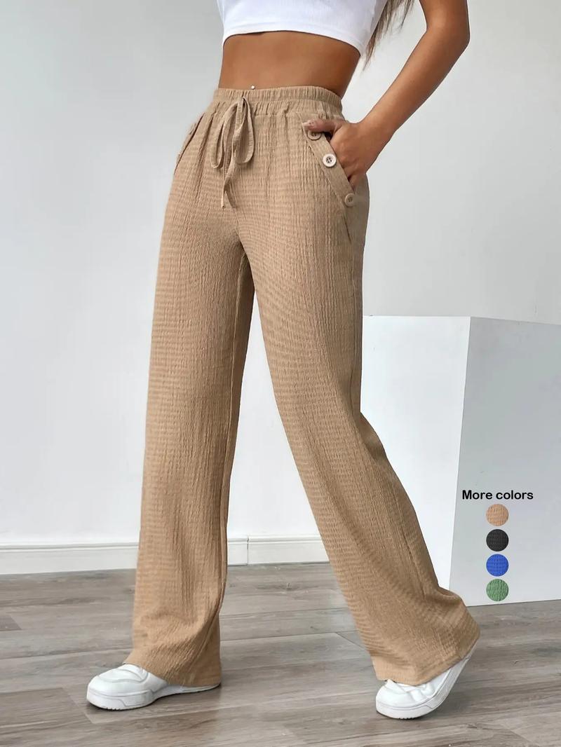 Women's Autumn Casual Faux Drawstring Texture Pocket Pants, Comfortable Long Trousers for Daily Wear, Stylish Ladies' Fashion Apparel, Womenswear, Bottoms