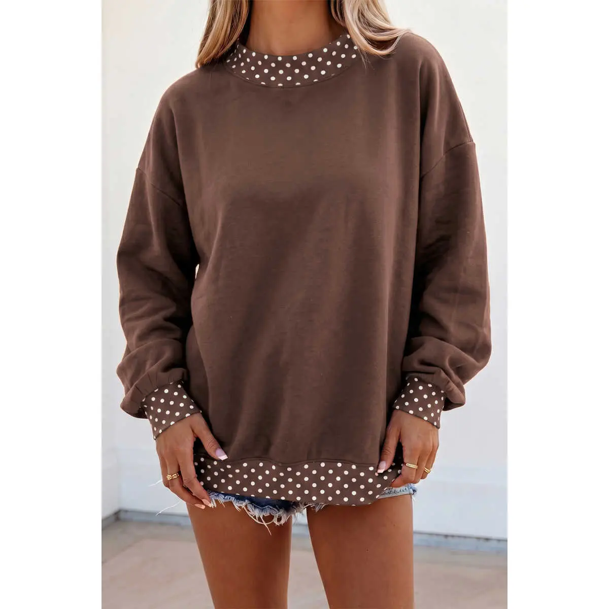 Brown Colorblock Polka Dot Contrast Trim Oversized Sweatshirt