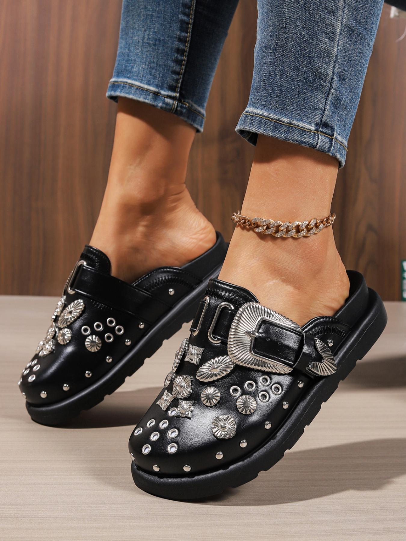 Women's Fashion One-Step Rivet Shoes, Trendy Casual Footwear for Daily Wear, Comfortable and Stylish Design, Rubber, Studded Platform Clog, Slip On Clog