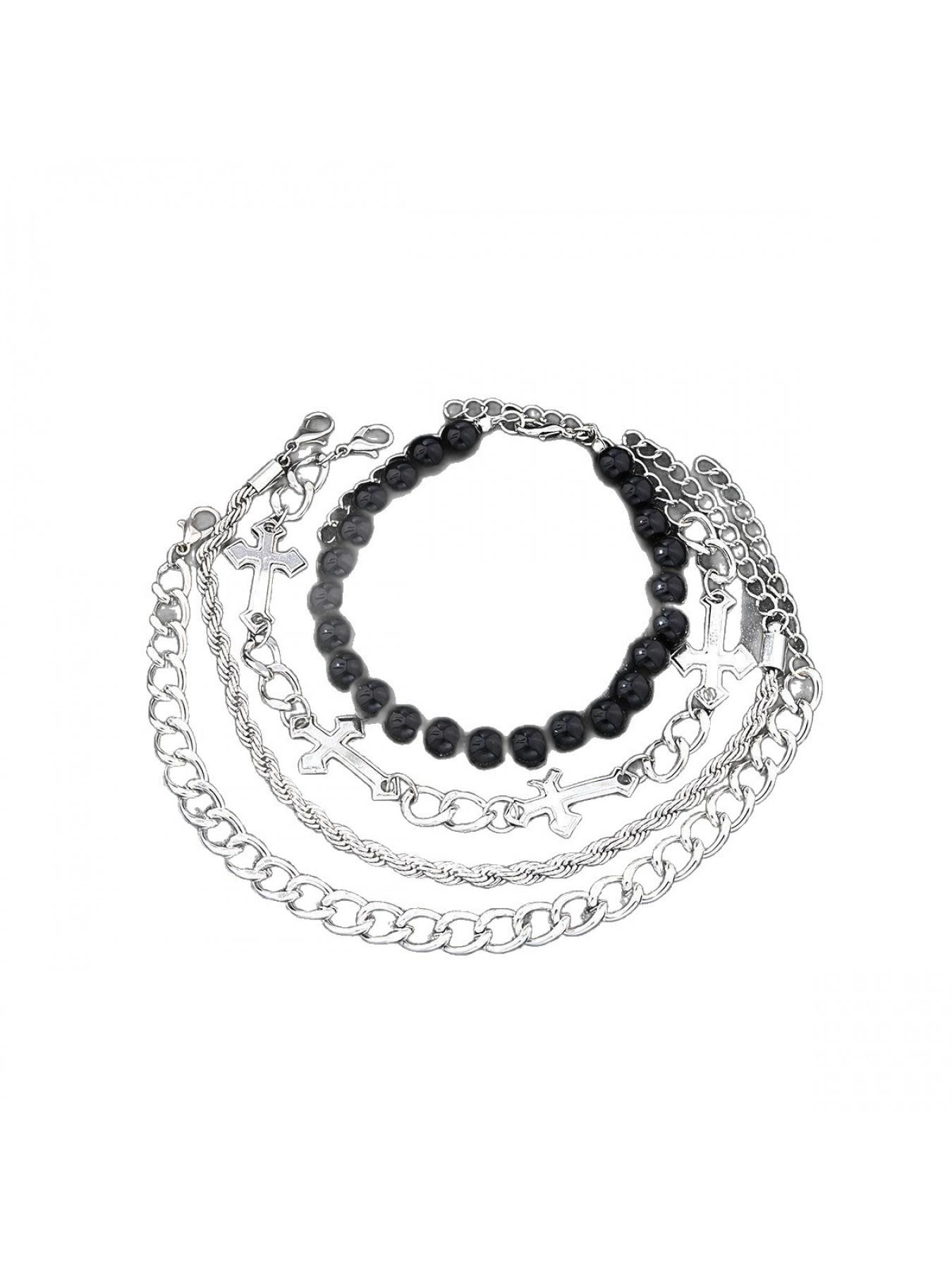 Stylish Dark Series Cross Charm Bead Bracelets 4 Packs Minimalist Layering Bracelet Set Premium Stainless Steel Unisex Holiday Gift Idea