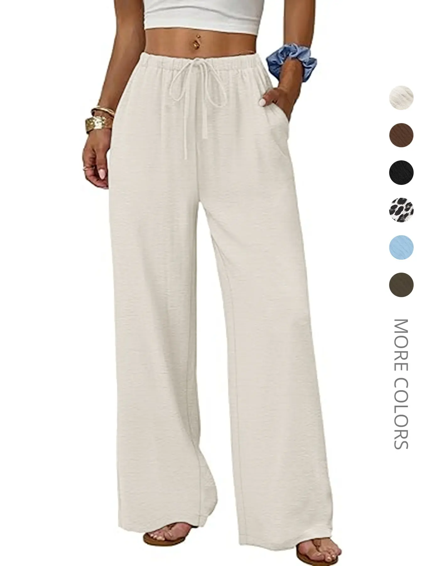 Wide Leg Baggy Pants Women Flowy Palazzo Drawstring Elastic Waist Trousers Lounge Pants with Pockets