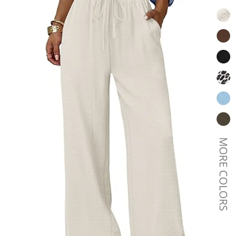 Wide Leg Pants Women Flowy Palazzo Drawstring Elastic Waist Trousers Lounge Pants with Pockets Loose Flowing Trousers