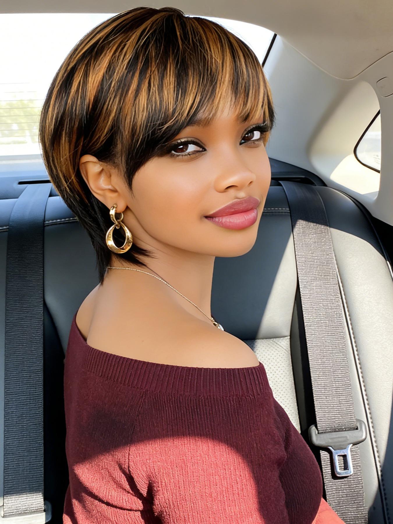 Short 1b/30 Highlight Human Hair True Scalp Wig, Straight Pixie Cut, Full Machine Made, Natural Looking, for Women, Daily Wear