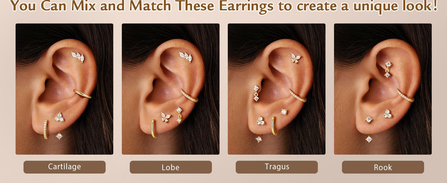 Flat Back Earrings Stack for Women, Hypoallergenic 14K Gold-Plated Flatback Stud Hoop Cartilage Earring Set Trendy Multiple Conch Tragus Helix Piercing Jewelry Gifts