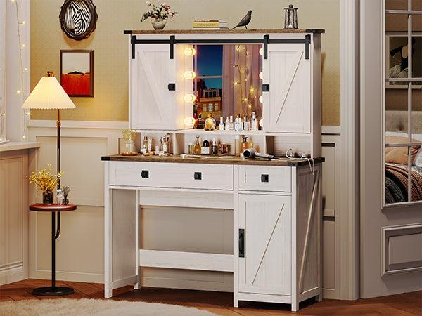 Sikaic Sliding Mirror Makeup Vanity With Lights & Barn Doors Charging Station Jewelry Hooks And Open Storage Shelves Modern Drawer