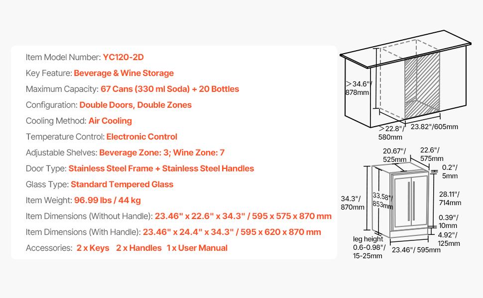 VEVOR Wine and Beverage Refrigerator, 24 in Dual Zone Wine Cooler, Built-in Freestanding Fridge with Glass Doors, Adjustable Shelves, Digital Temperature Control, 64 Cans and 20 Bottles Capacity