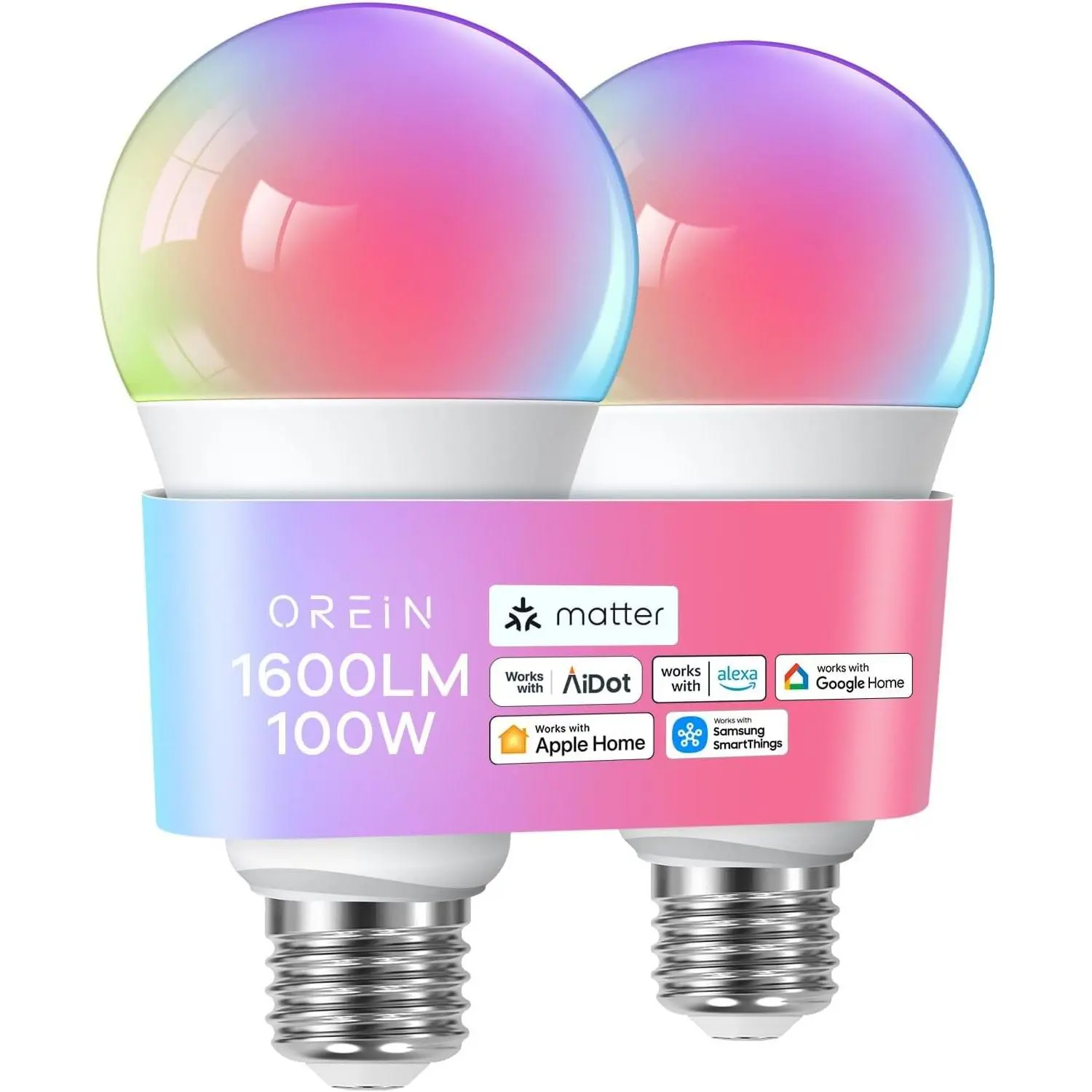 Matter Smart Light Bulb, 1600 Lumens 100W Equivalent Smart Light Bulbs, Color Changing Light Bulbs Work with Apple Home, Alexa, Google Home, SmartThings, A21 Smart Bulbs 2.4Ghz WiFi, 2Pack