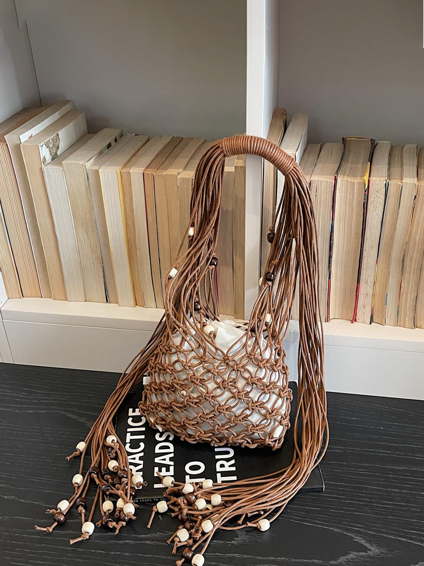 1pc Boho Macrame Fringe Shoulder Bag for Women, Handwoven Beaded Net Tote with Drawstring Lining, Summer Beach Woven Hobo Handbag