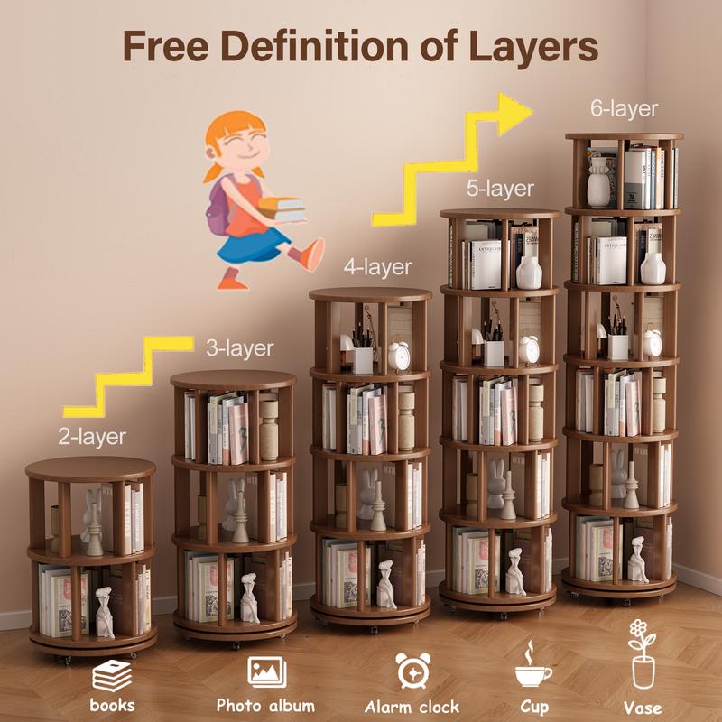 【School】100% Solid Wood - No MDF, Rotating Bookshelf on Wheels, Spinning Bookshelf Tower 360° Display Unique Round Bookcase for Home Study and Office Organization Furniture Stand