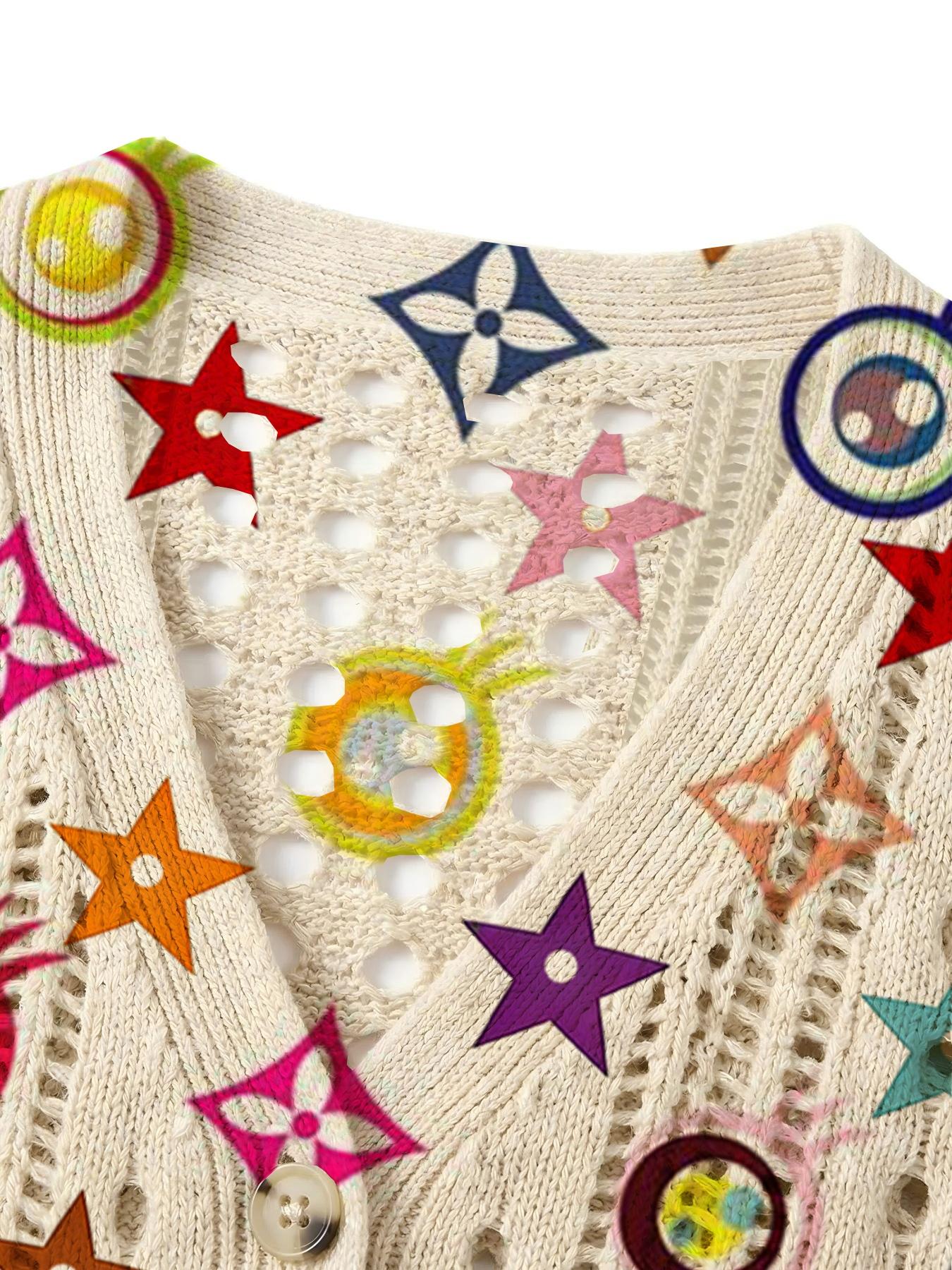 Elegant Women's Vibrant Colorblock Geometric Print Short Sleeve Knit Cardigan Button, Casual Breathable Top, Hollow Out Design, Beach Vacation Wear