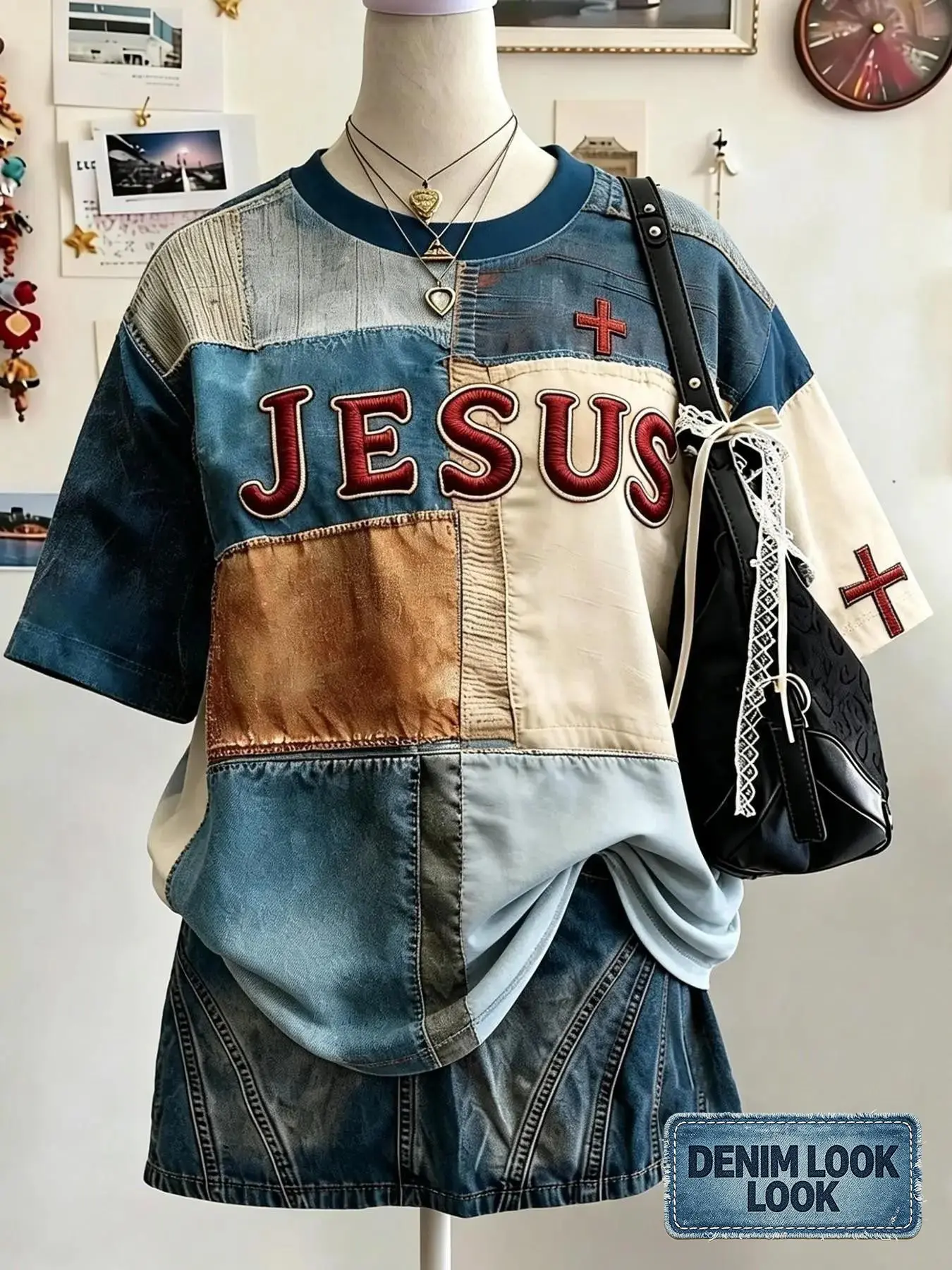 American Vintage Denim Patchwork Jesus Embroidery Loose-Fit Short-Sleeve T-Shirt, Casual Striped Patchwork Top