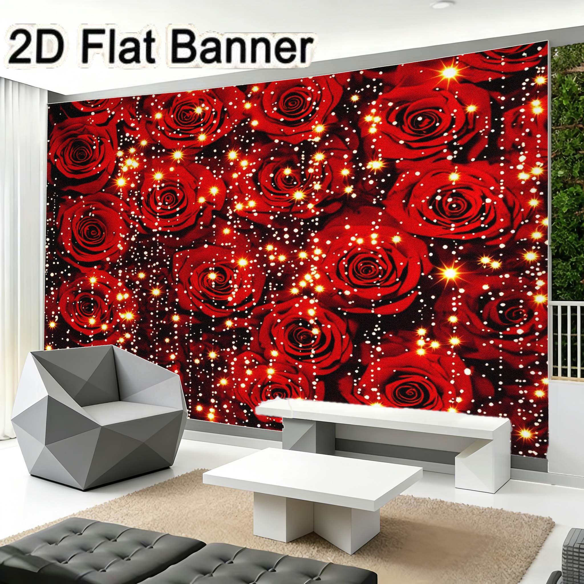 2D flat banner, 1pcMagical Red Rose Backdrop with Twinkling Lights, Romantic Rose Party Decor for Festive Events, Dark Background Sparkle Rose Decorations for TikTok Content