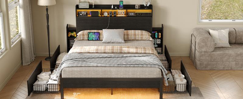 FUSOU LED Twin & Full Size Bed Frame with Charging Station, Metal Platform Bed Frame with Headboard, No Box Spring Needed, Heavy Duty