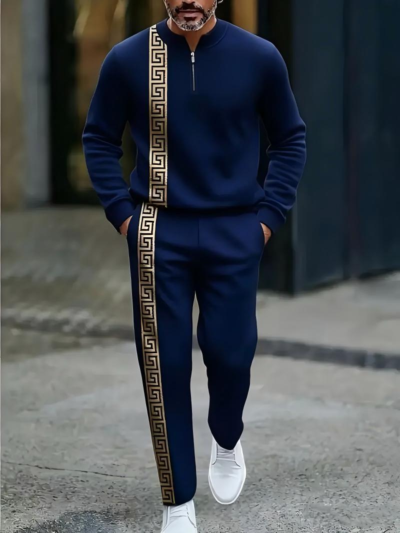 Men's European American-Style Sportswear Set Half-Zip Top & Matching Trousers Golden Greek Fretwork Design Comfortable Fabric for Daily Streetwear