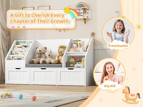 FOTOSOK 55.1'' Kids Bookshelf with Reading Nook, Toy Storage Organizer with Seat Cushion and 3 Movable Drawers, Kids Reading Nook Toy Organizers and Storage with Bench for Playroom