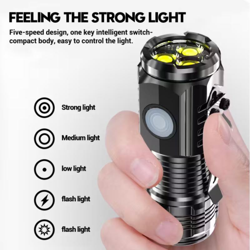 Portable Rechargeable LED Flashlight, Camping Fishing Outdoor Adventure, Mini Pocket Light with Clip, Ultra-Bright Three-Head Design, High Lumens Flashlight