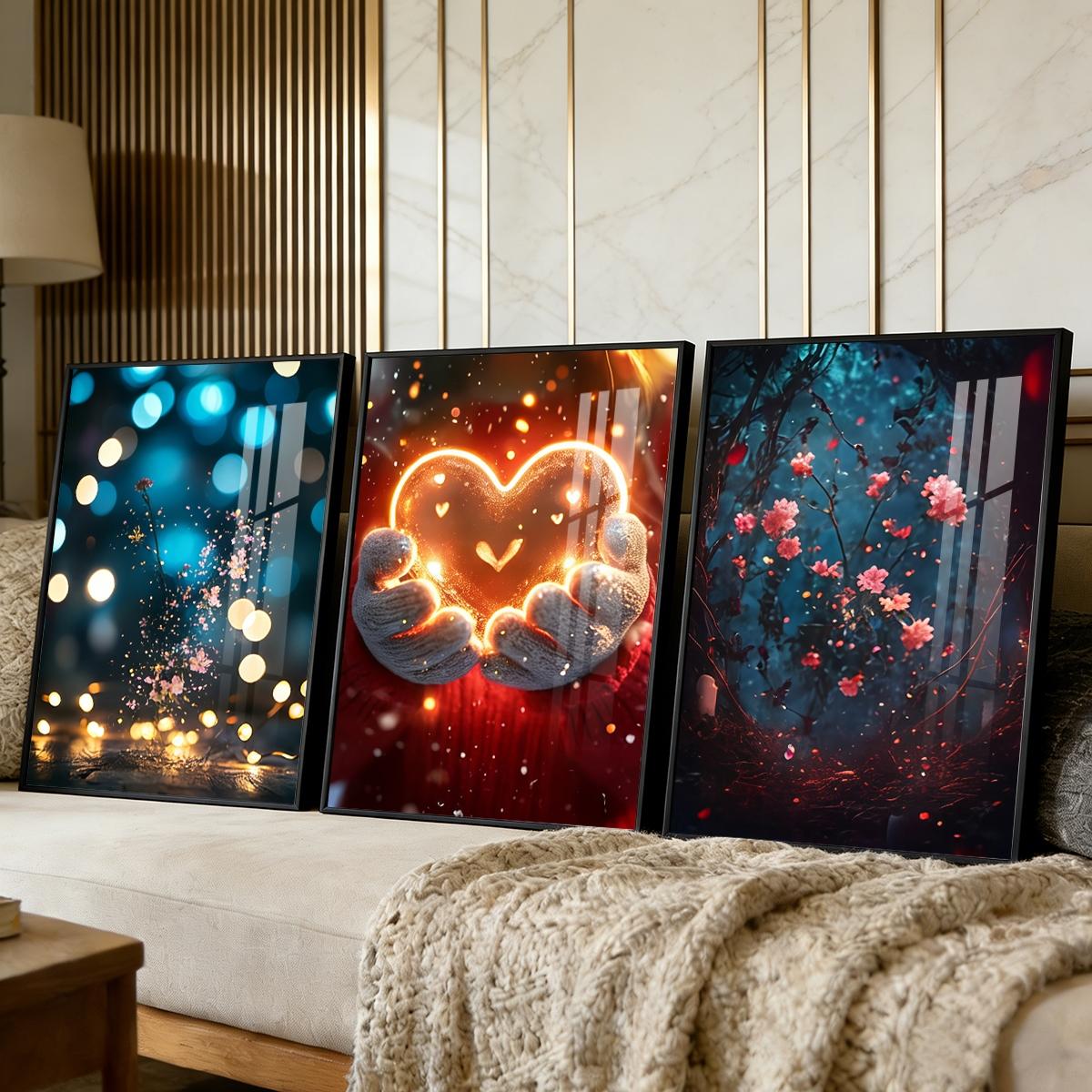 3 Counts Aluminum Alloy Framed Painting, Glowing Heart And Blooming Flowers Pictures, Home Decoration For Living Room, Bedroom, Office, Restaurant, Hallway Wall Decor, Odorless Print Artwork, Luxury Perfect Gift For Friends And Family