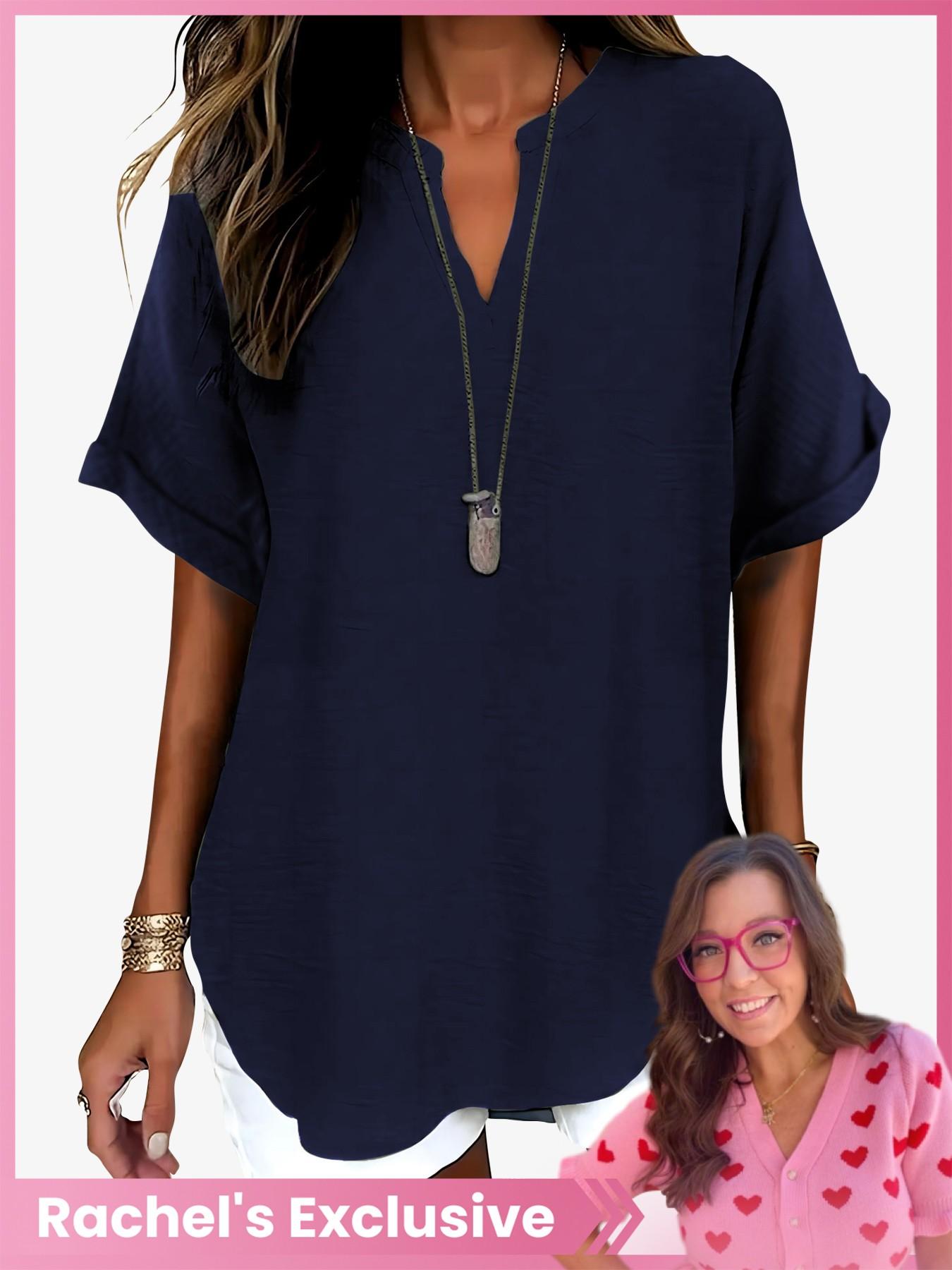 Women's Simple Solid Color Commuter V-Neck Drop Shoulder Vintage Versatile Top, Short Sleeve Fitted H-Type Blouse, Casual Fashion Shirts