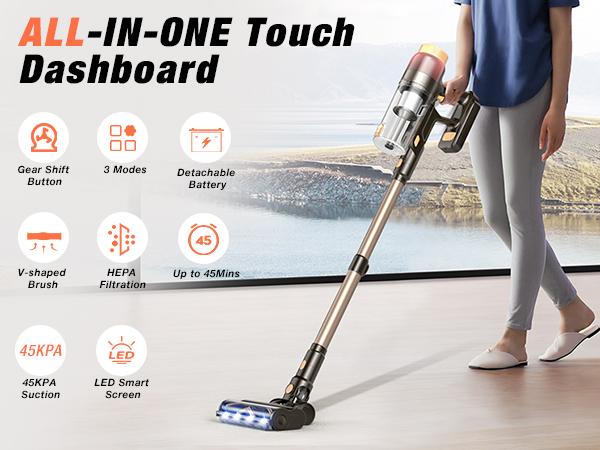 Cordless Vacuum Cleaner, 580W 48KPA, 70 Min Runtime, Touch Screen, High-Power Brush, Self-Standing with Wall Mount for Pet Hair & All Floors
