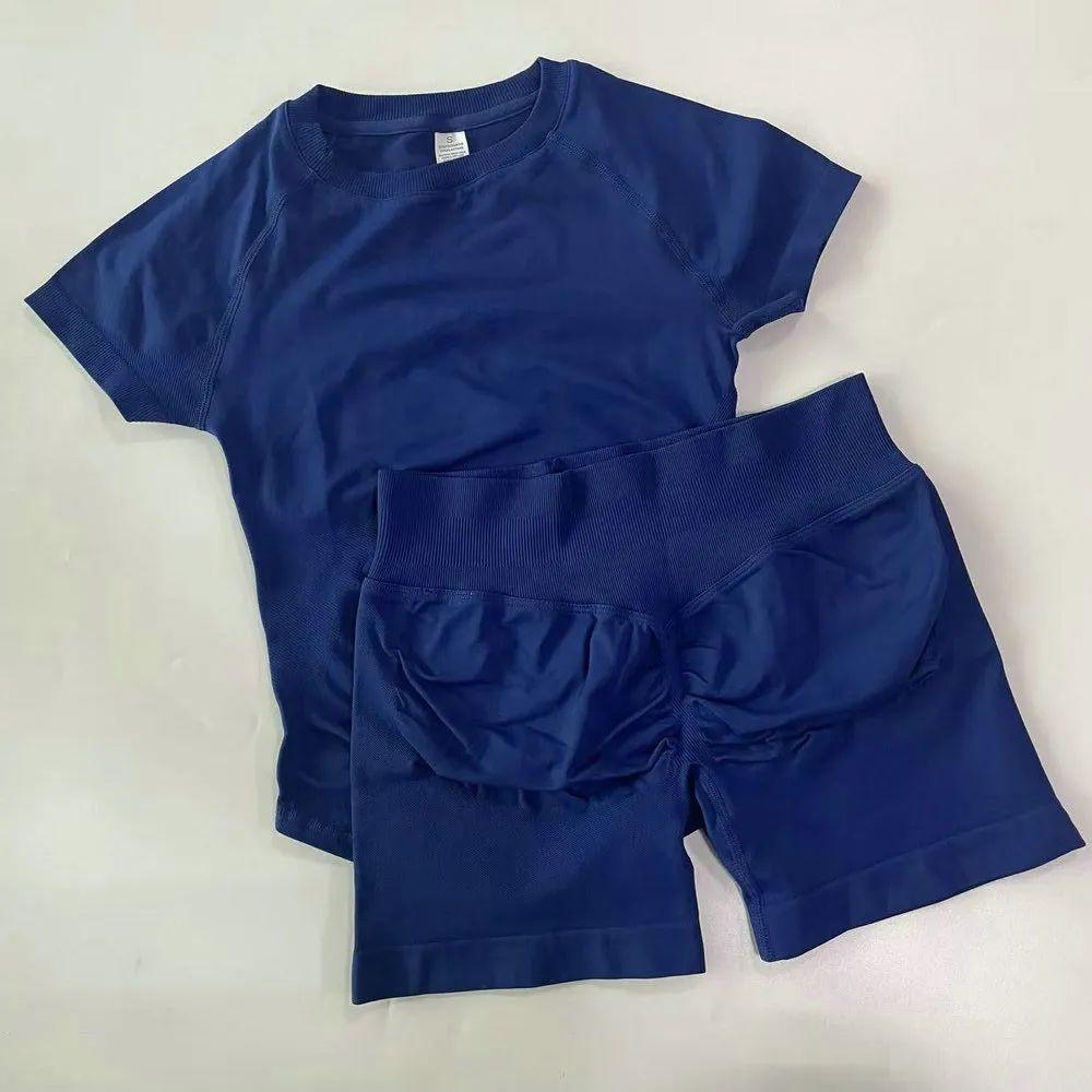 Dfyne Cross-Waist Hip-Lifting Shorts + Short-Sleeve Sports Set |   Seamless Knit Breathable Quick-Drying |   Fitness & Yoga Two-Piece Set