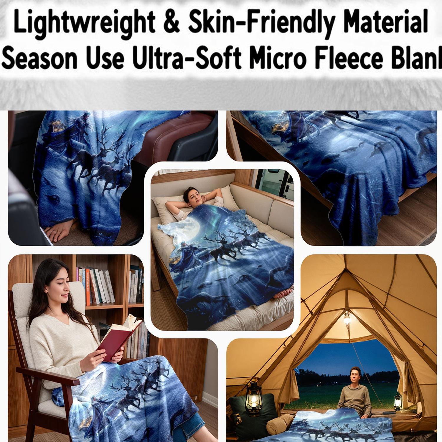1pc Snow Queen Reindeer Sleigh Flannel Blanket, Super Soft Cozy Warm Throw for Sofa, Bed, Travel, Office, Camping, Luxury Adult Holiday Gift Decor.