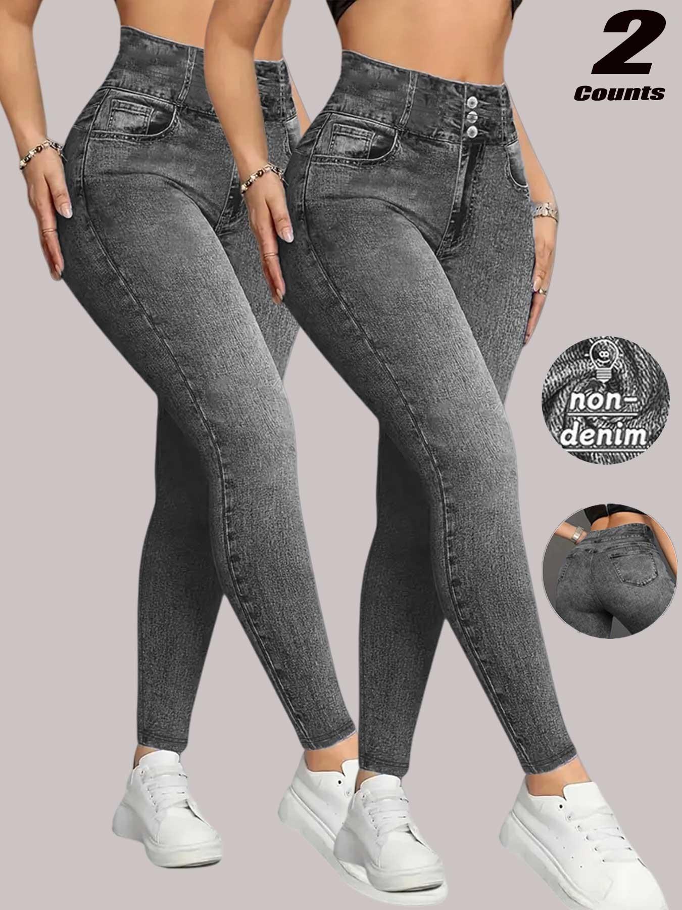 Women's High Waisted Stretch Denim Look Bottoms, Slim Fit Long Pants, Casual Sporty High Waist Butt Lifting Breathable Inner Layer Outerwear