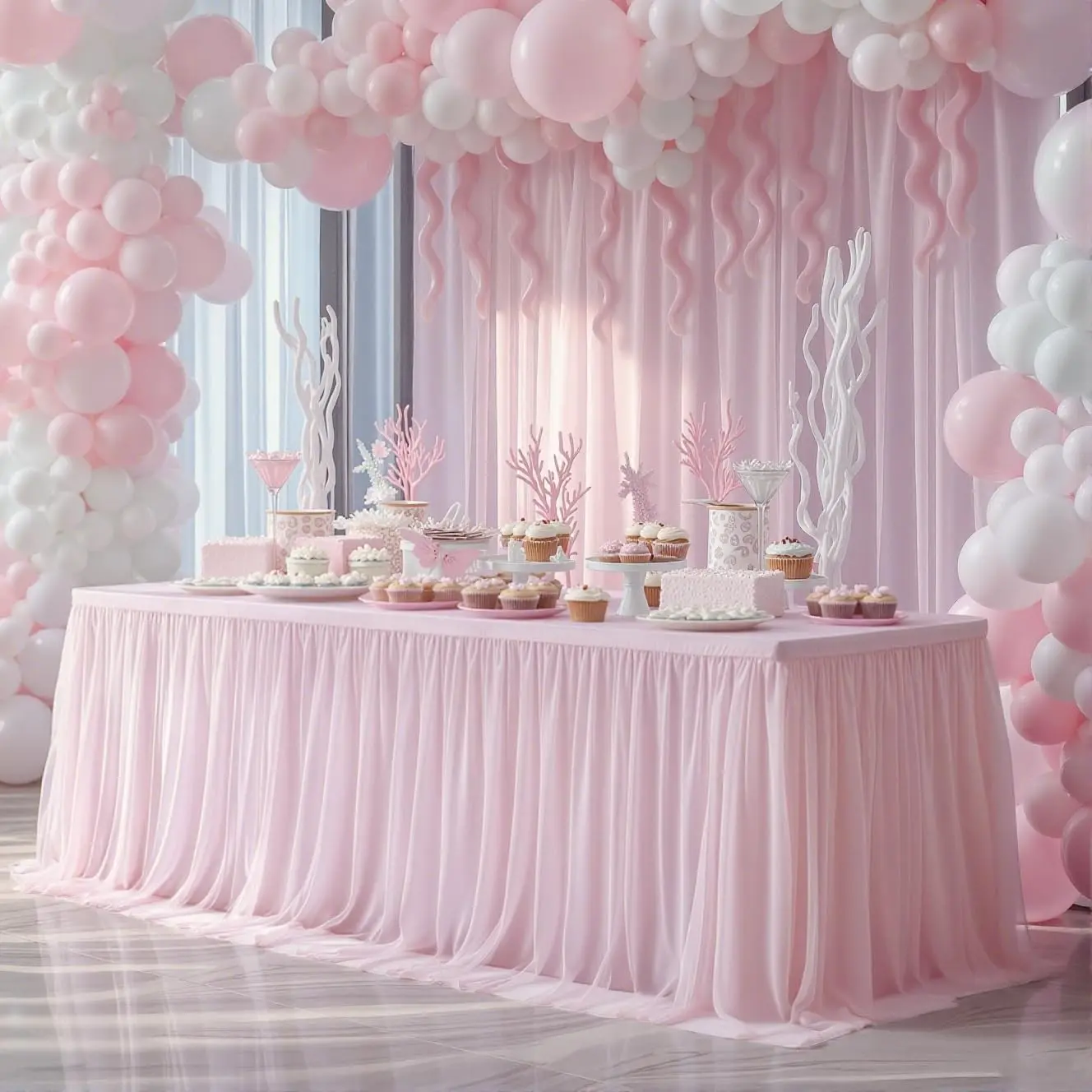 Pink Tablecloth for 6 Foot Rectangle Tables with Ruffle Tulle Table Skirt