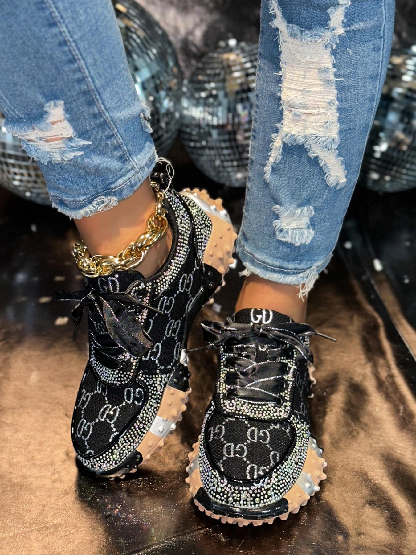 2026 Spring Denim Embellished Dad Shoes for Women, Thick Sole Height-Boosting Casual Sports Shoes, Comfortable and Stylish Footwear