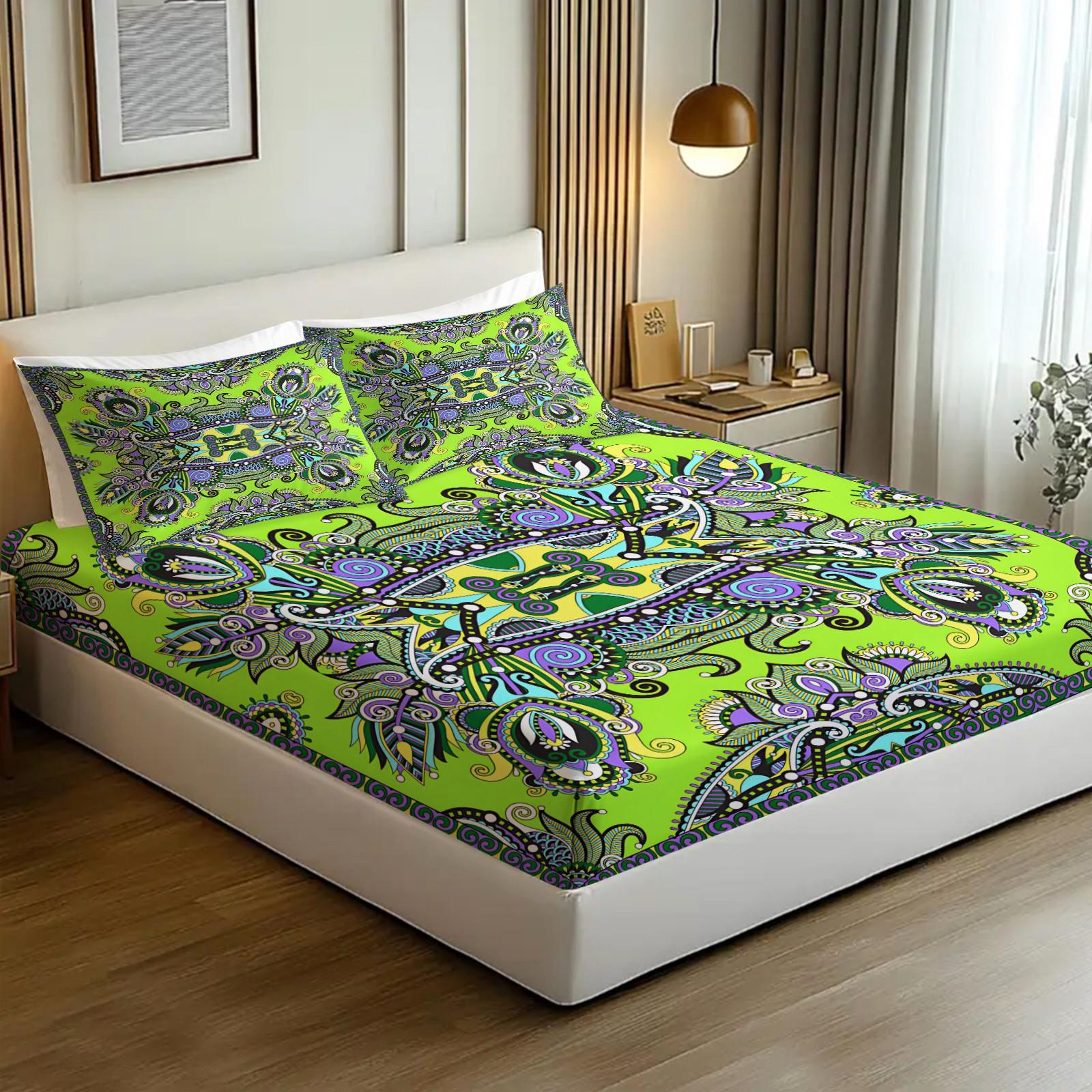 3Pcs Boho Paisley Printed Fitted Sheet Set, Vibrant Ethnic Style Bedding Set, Ultra-Soft Breathable Microfiber Bed Sheet Set, Deep Pocket All-Season Bed Linen, Ideal for Bedroom, Guest Room, Dorm Decor, Home Use