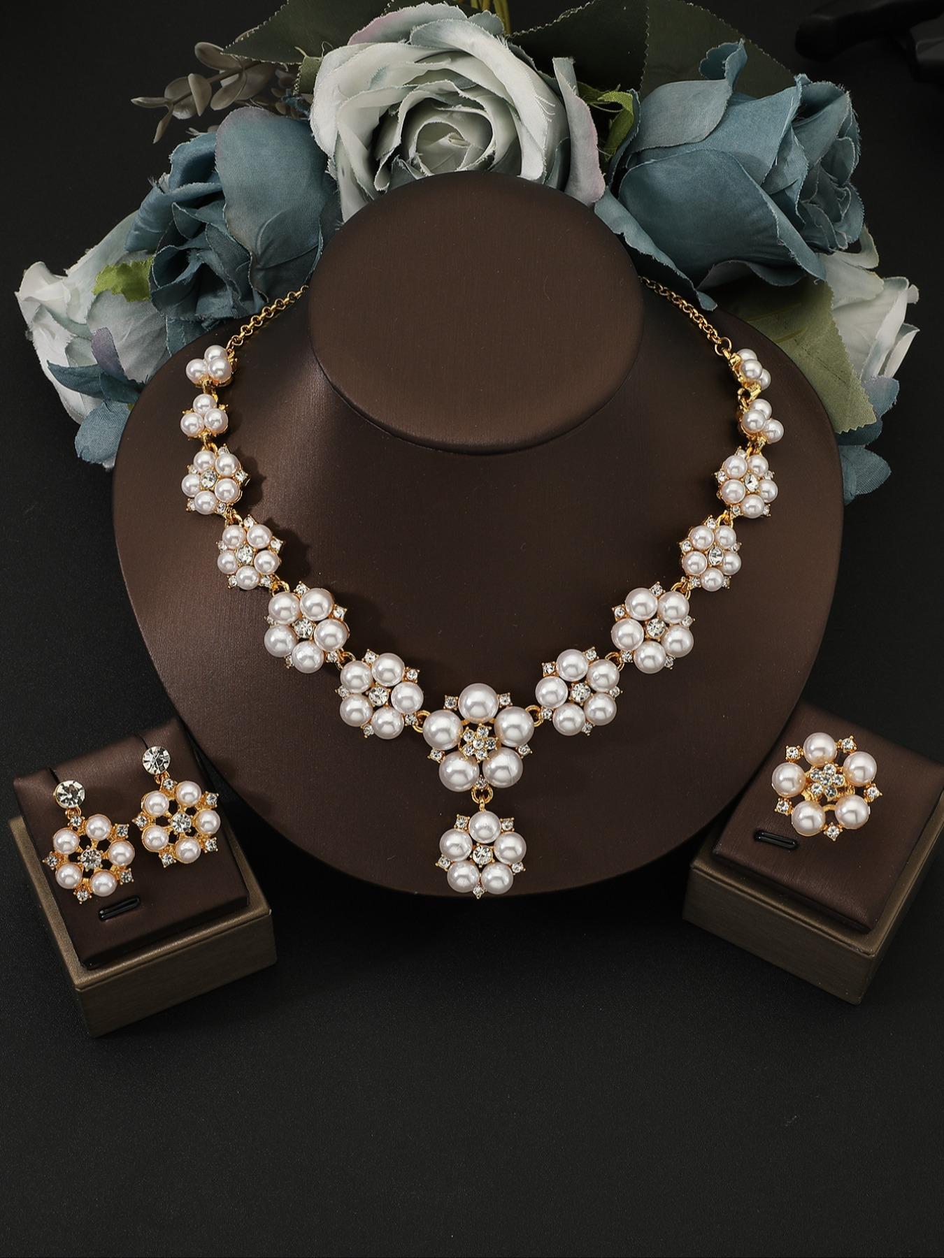 French Elegance Pearl Three-Piece Set, 18k Gold Plated Necklace Earrings Ring, Casual All-Season Accessories, Choker Chain Material