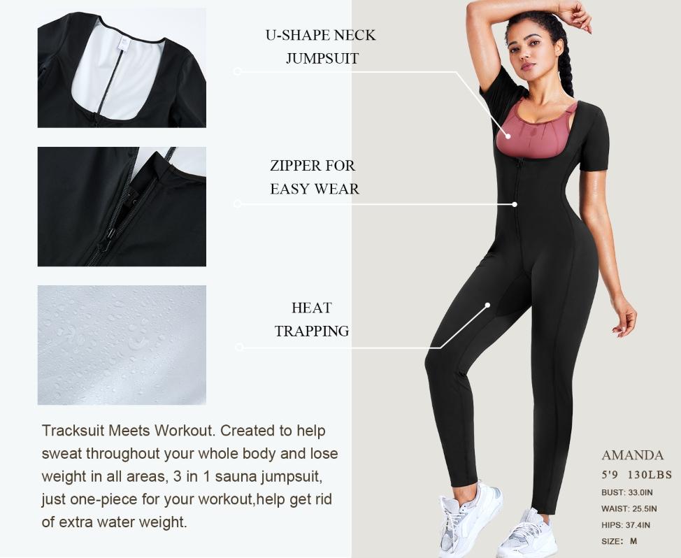 Women's full-body sauna body-shaping jumpsuit, sweat-absorbent Workout Jumpsuit with heat-absorbing fabric inside for waist training to promote perspiration