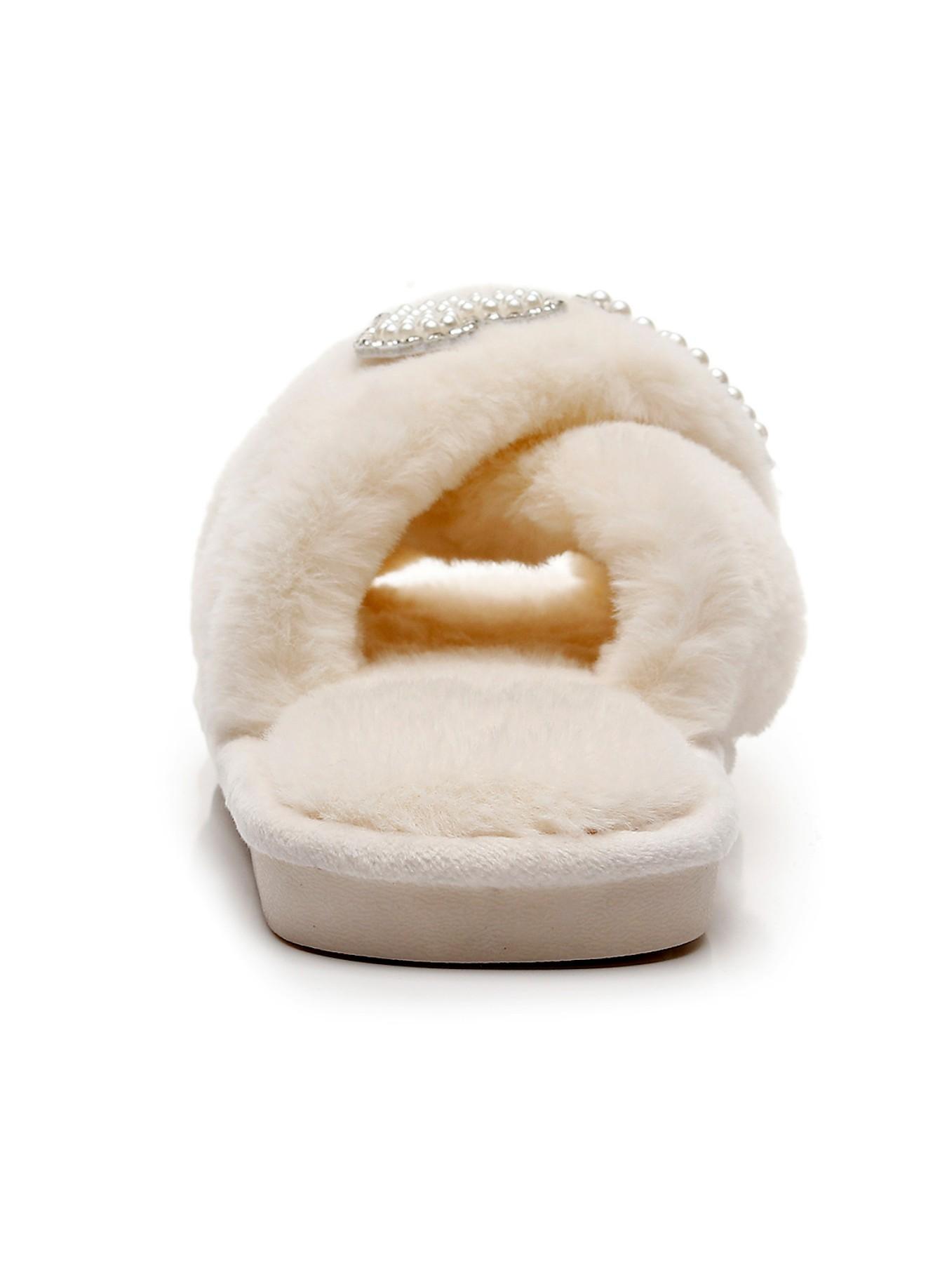 Customizable Wedding Slippers for Bride and Bridesmaids, Elegant X-Strap Fuzzy House Slippers with Pearls and Rhinestones, Casual Indoor Shoes