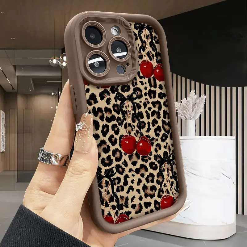 Case for iPhone 17 Air 16 15 14 Pro Max 13 12 11 XR XS E Plus Cherry Leopard Style Shockproof Drop Protection Rugged Durable Silicone Cover Cellphone Protective Smartphone Casing