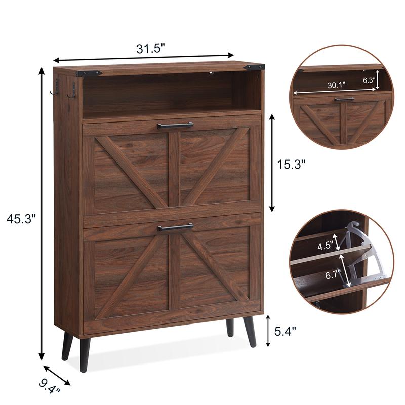 PieDle Furniture Shoe Storage Cabinet,Farmhouse Shoe Organizer with 2-4 Flip Drawers & Barn Door Design,Freestanding Hidden Slim Narrow Shoe Rack Cabinet with Open Storage for Entryway, Foyer,Hallway