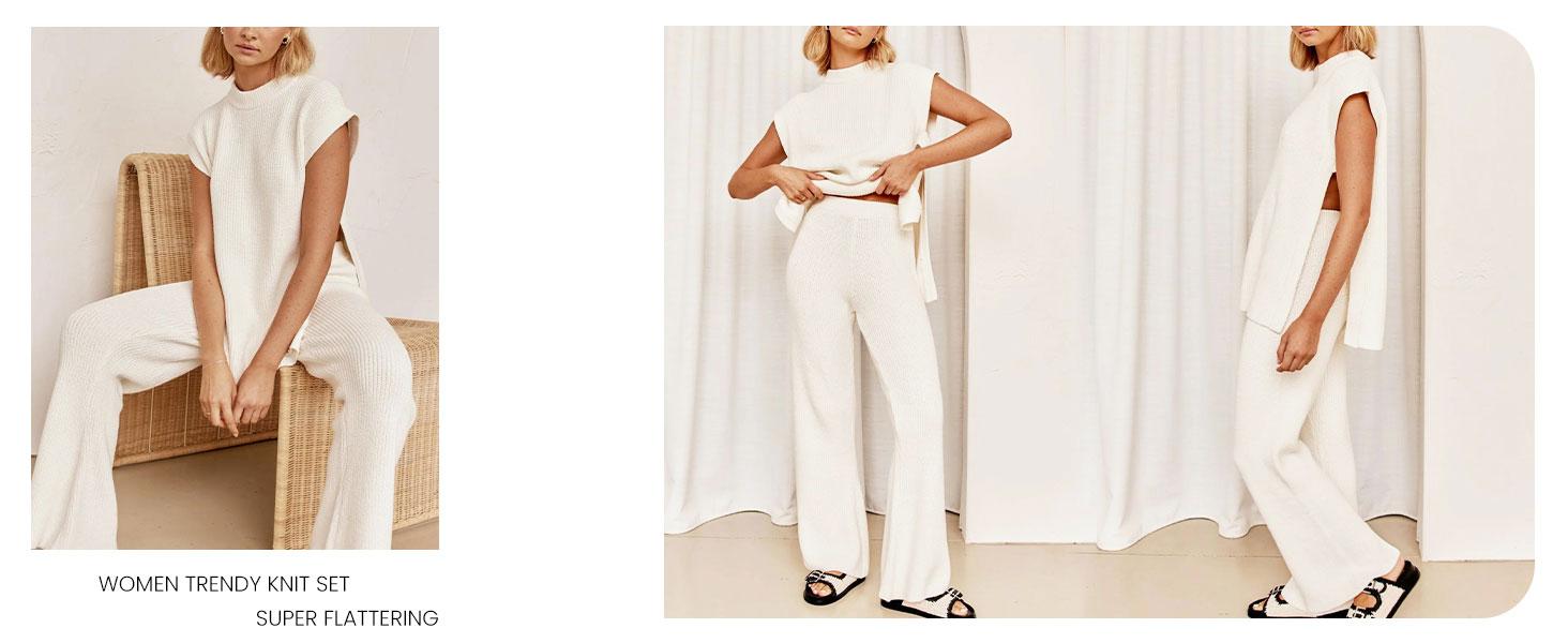 SCUSTY Womens 2 Piece Outfits Sweater Set Sleeveless Side Slit Pullover Top Knit Wide Leg Pants Lounge Matching Sets