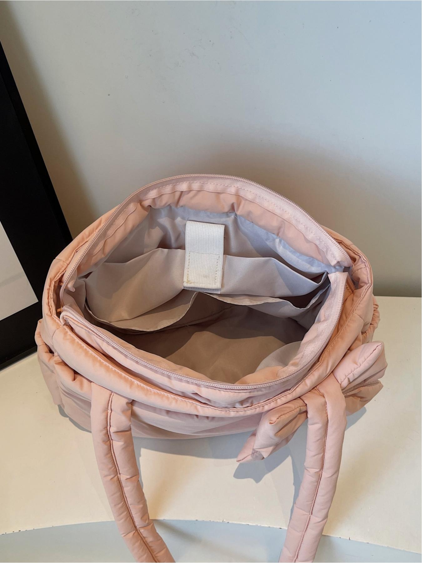 Pink Quilted Bow Tote Bag, Casual Lightweight Shoulder Bag, Casual Commuter Bag, Suitable for Commuting, Shopping, Leisure Outings, Everyday Accessories.