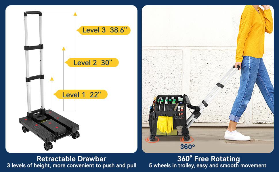 Extra Large Rolling Cleaning Caddy Bag with Detachable Trolley, Upgraded 360° Free Rotating with 5 Wheels and Dust-Proof Lid, Professional Cleaning Supplies Bag for Housekeepers, Black Collapsible Multi-Purpose Camping Cart