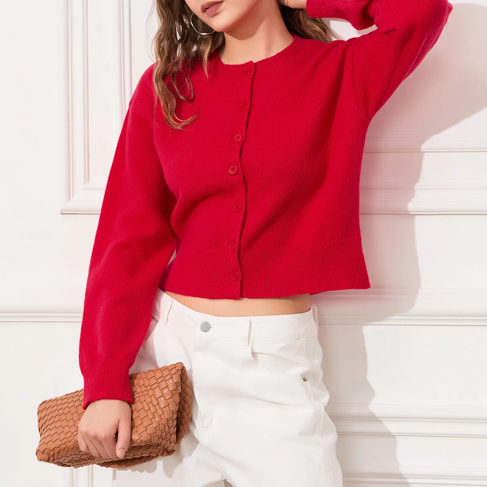 Lady's Cotton Knit Crop Cardigan - Solid Color, Crew Neck, Button-Down, Long-Sleeve Casual Tops for Fall, Winter, Knitwear, Longsleeves