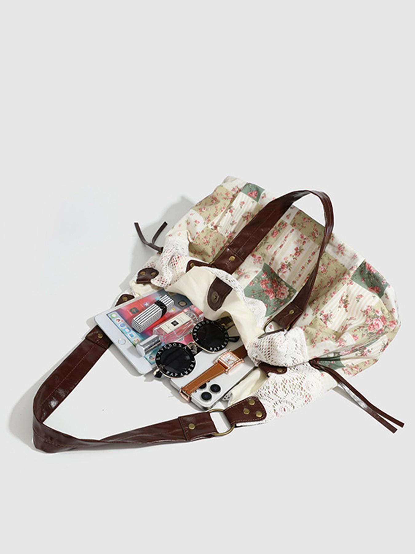 Women's Vintage Floral Patch Lace Patchwork Underarm Tote Bag, Faux Leather Large-Capacity Retro Purse for Commute, Shopping, Ideal Holiday Gift for Ladies, Daily Use