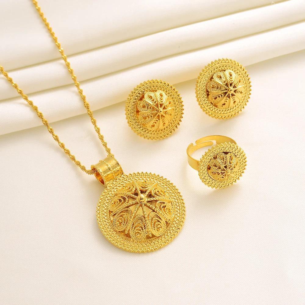 24K Gold Plated Fashion Ethiopian Earrings/Pendant/Ring Jewelry Sets Gold Plate Africa Bride Wedding Eritrea Set Gift