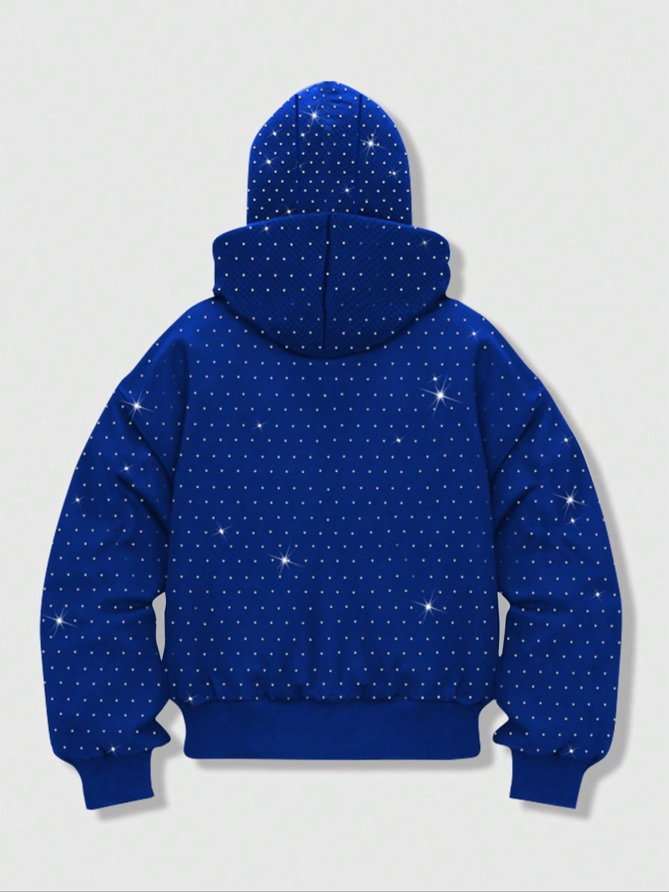 Men's Street Style Rhinestone HooMen's Street Style Rhinestone Hooded Sweatshirt, Pocket and Zip Design, Fall & Winter Wear, Geometric Pattern, Fitted Fitded Sweatshirt, Pocket and Zip Design, Fall & Winter Wear, Geometric Pattern, Fitted Fit