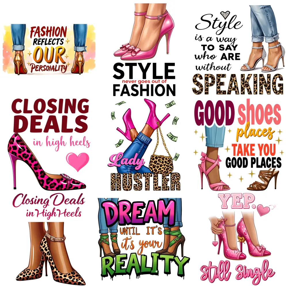 9 Pcs Fashion Quotes High Heels Style Sayings Shoe Graphics Motivational Text Leopard Print Pink Stilettos Denim Legs Glitter Fonts Heart Accents Iron on Transfers for Clothing T-Shirt Jeans Applications DTF Transfers Ready Hoodie